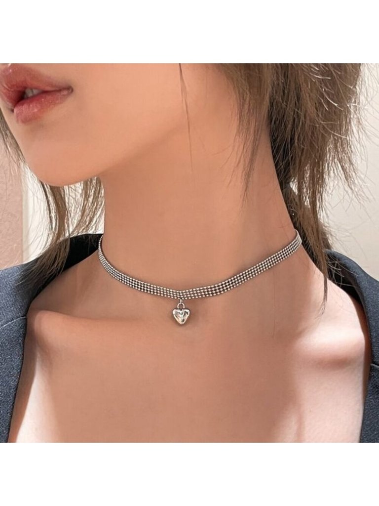 Silver Heart Pendant Mesh Choker | Sterling Silver